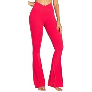 SUNZEL Coral pink crossover yoke waist tummy control flare yoga pants NWOT Sz XL